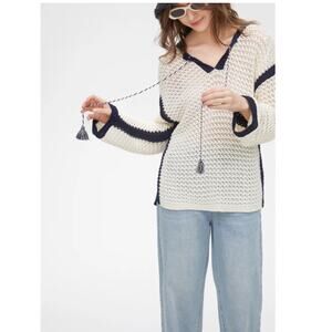 Martha Stewart Collection White Navy Knit Preppy Nautical Sweater Sz XS